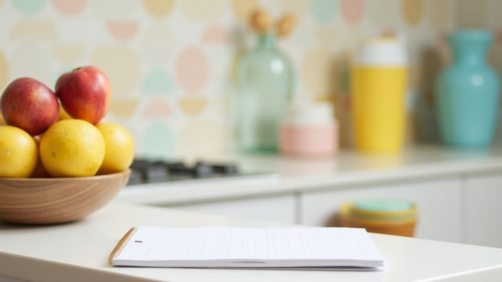 A clean and colorful kitchen countertop with a bowl of fruit, water bottle, and an open notepad for tracking progress