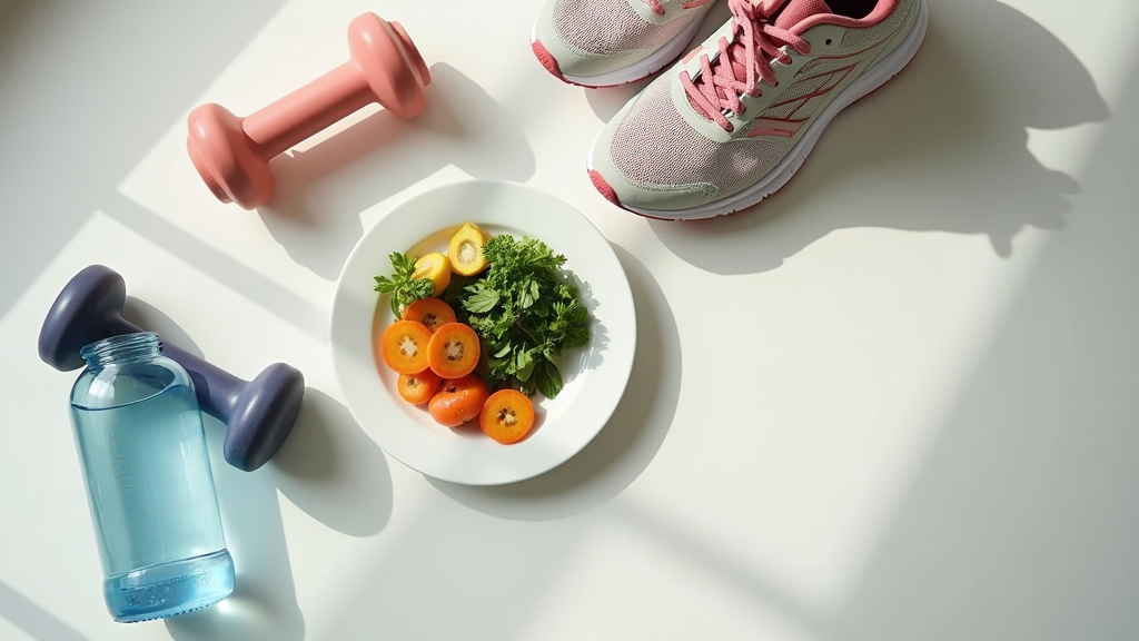 An arrangement of simple lifestyle-related items: a water bottle, dumbbells, a plate with vegetables, and running shoes in soft natural light.