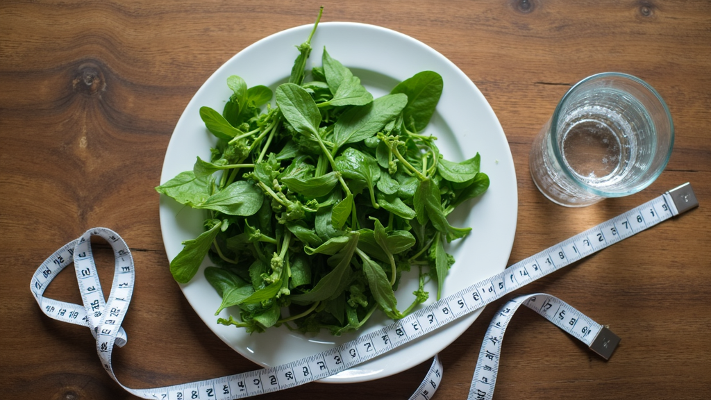 An overhead view of a plate with a measuring tape, leafy greens, and a glass of water on a wooden table