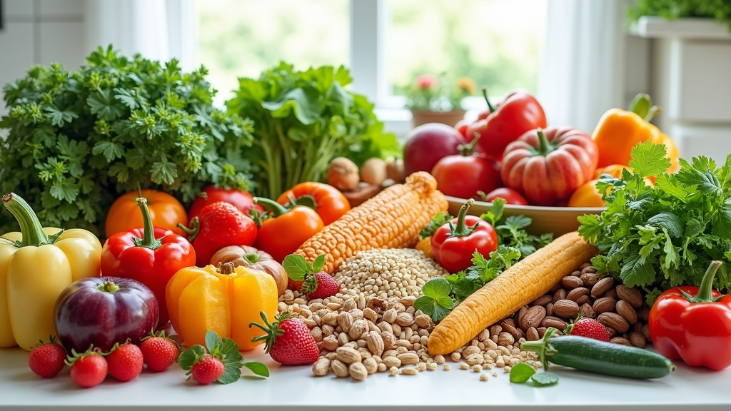 Healthy natural whole foods for weight loss including vegetables, grains, and fruits, arranged on a clean kitchen countertop