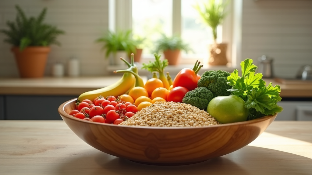 vibrant bowl of fresh fruits, vegetables, and whole grains on a kitchen counter - no people