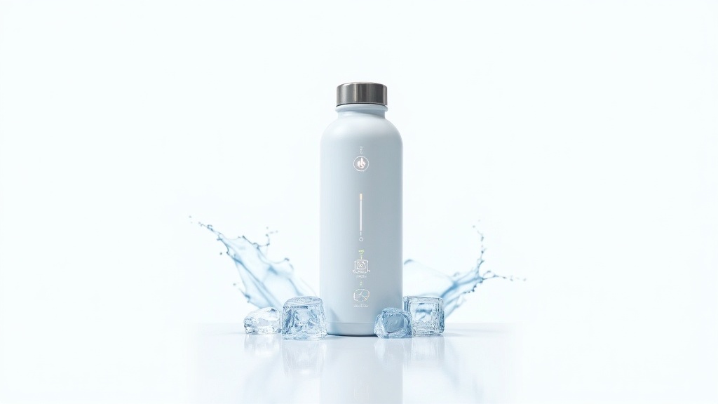 A smart hydration bottle with temperature control, surrounded by ice, water vapor, and digital interface icons, placed on a clean white background.